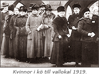 Foto av kvinnor som står i kö  på en gata. Under bilden står: Kvinnor i lö till vallokal 1919