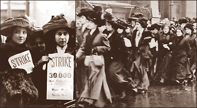 Tvådelat foto av till vänster två strejkande unga kvinnor med plakat med texten STRIKE 30.000, resten är oläsligt, tillhöger ett foto marscherande kvinnor, de har kappor och hattar och det ser ut att regna eller kanske snöa.
