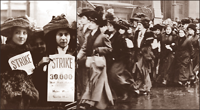 Tvådelat foto av till vänster två strejkande unga kvinnor med plakat med texten STRIKE 30.000, resten är oläsligt, tillhöger ett foto marscherande kvinnor, de har kappor och hattar och det ser ut att regna eller kanske snöa.