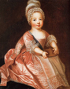 Målning av franske kung Louis XV som barn, i rosa klänning.