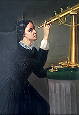 Målning av en svartklädd kvinna som tittar i ett guldfärgat teleskop
