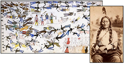 Skildring av slaget vid Little Bighorn, gjort av en i ursprungsbefolkningen. Bredvid den ett porträtt av Sitting Bull