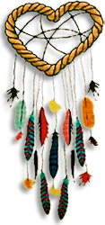 Illustration av Cherokee dream cather i form av ett hjärta med fjädrar hängande
