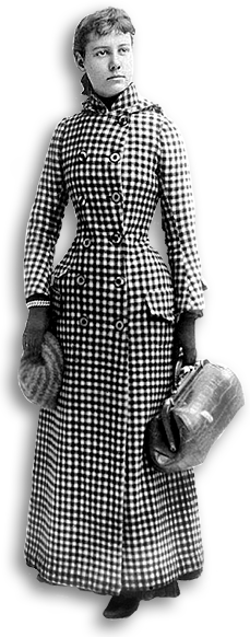 Nellie Bly i reskläder - en rutig kappa, en mössa och handskar - med en väska i ena handen