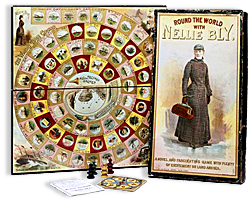 Spelplan, låda, kort och pjäser till Nellie Bly-spel