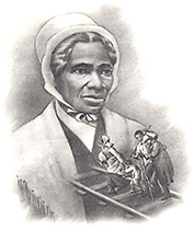 illustration av Sojourner Truth som stor figur i  bakgrunden med en grupp slavar som mindre bild, där de flyr mot henne över ett järnvägsspår