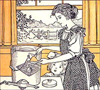 Gammaldags illustration av en kvinna som gör glass i en glassmaskin medan en liten flicka tittar på