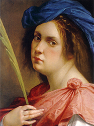 Självporträtt av Artemisia Gentileschi med en blå turban, röd klädning och en gul fjäder i handen