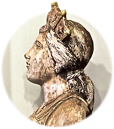 Porträttbild av Boudica i profil, i form av en sträskulptur
