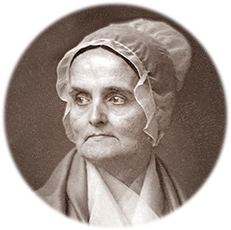Porträttfoto av Lucretia Mott iförd en hätta över håret. Hon ser snett åt vänster i bilden