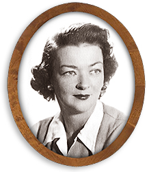 Porträttfoto av Marion Donovan i en enkel oval träram
