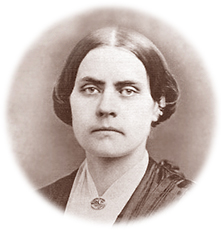 Porträttfoto av Susan B. Anthony som ung. Hon har mörkt, uppsatt hår och ser rakt in i kameran