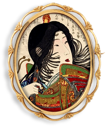 Illustration av Tomoe Gozen inramad av en oval guldram