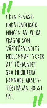 Citat: I den senaste enkätundersökningen av vilka frågor som Vårdförbundets medlemmar tycker att förbundet ska prioritera hamnade arbetstidsfrågan högst upp.