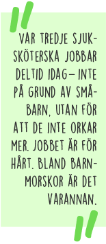Var tredje sjuksköterska jobbar deltid idag – inte på grund av småbarn, utan för att de inte orkar mer. Jobbet är  för hårt. Bland barnmorskor är det varannan.