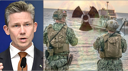 Collage av försvarsminister Pål Jonson, två militärer bakifrån vid en båt, märke för radioaktivitet och en atombombssprängning