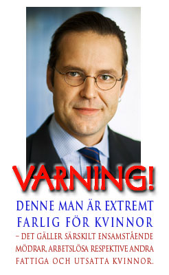 Bild av finansminister Anders Borg med texten: VARNING! Denne man är extremt farlig för kvinnor - det gäller särskilt ensamstående mödrar, arbetslösa respektive andra fattiga och utsatta kvinnor