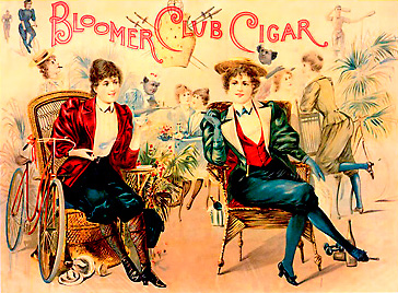Bild av gammalt lock till en cirgarrlåda, där det står Bloomer Club Cigar och två damer i bloomers röker cigarr