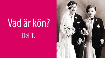 Foto av en kvinna och man med halva kläder, halvt kostym, halvt, brudklänning. Bredvid dem står texten: Vad är kön? Del 1.