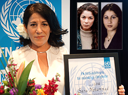 Foto av Sara Mohammad framför FN-förbundets symbol. Hon har en blomma i håret, blommor framför sig och håller i FN-förbundets diplom med pris för mänskliga rättigheter 2016. Infällt i bilden är små bilder av Fadime Sahindal och Pela Atroshi.