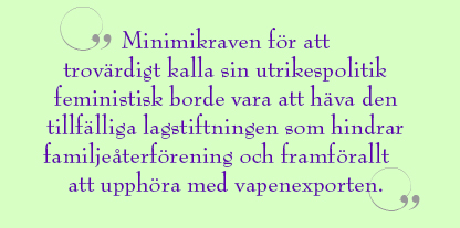 Citat ur artikeln: Minimikraven för att trovärdigt kalla sin utrikespolitik feministisk borde vara att häva den tillfälliga lagstiftningen som hindrar familjeåterförening och framförallt att upphöra med vapenexporten.