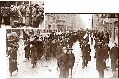 Lite bild till vänster av kvinnor i brödkö. Under det en större bild av kvinnor som demonstrerar längst en gata medan män och några kvinnor tittar på.