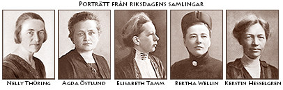 Porträttfoton av fem kvinnor, ovanför dem står "Porträtt från riksdagens samlingar" och under står respektive kvinnas namn
