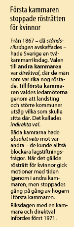 Ruta med texten: Första kammaren stoppade rösträtten för kvinnor Från 1867 – då ståndsriksdagen avskaffades – hade Sverige en tvåkammarriksdag. Valen till andra kammaren var direktval, där de män som var rika nog röstade. Till första kammaren valdes ledamöterna genom att landsting och större kommuner utsåg vilka som skulle sitta där. Det kallades indirekta val. Båda kamrarna hade absolut veto mot var-andra – de kunde alltså blockera lagstiftningsfrågor. När det gällde rösträtt för kvinnor gick motioner med tiden igenom i andra kammaren, men stoppades gång på gång av högern i första kammaren. Riksdagen med en kammare och direktval infördes först 1971.