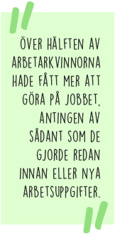 Citat: Över hälften av arbetarkvinnorna hade fått mer att göra på jobbet, antingen av sådant som de gjorde redan innan eller nya arbetsuppgifter.