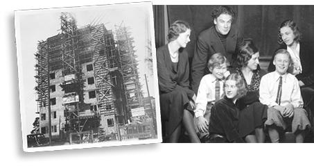 Fotocollage av YK-huset under byggnation framför ett foto av Célie Brunius sittande omgiven av sina tre döttrar och tre söner. Alla ser glada ut.