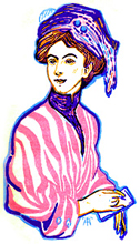 Gammal illustration av "pennskaft". Hon har en rosa-och-vit-randig blus och turban i lila, rosa och blått