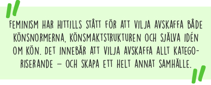 Citat: Feminism har hittills stått för att vilja avskaffa både könsnormerna, könsmaktstrukturen och själva idén om kön. Det innebär att vilja avskaffa allt kategoriserande – och skapa och skapa ett helt annat samhälle.