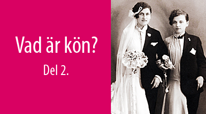 Foto av en kvinna och man med halva kläder, halvt kostym, halvt, brudklänning. Bredvid dem står texten: Vad är kön? Del 2.