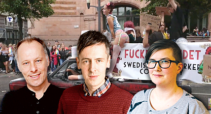 Bild av de tre ansvariga på ETC inklippta framför Fuckförbundets bil i Pridetåget
