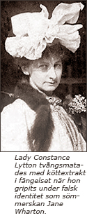 Porträttfoto av lady Constace Lytton med bildtexten: Lady Constance Lytton tvångsmatades med köttextrakt i fängelset när hon gripits under falsk identitet som sömmerskan Jane Wharton.