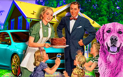 Collage av kärnfamilj med tre barn som ska äta tårta, plus volvo, villa, vovve