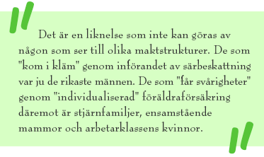 Citat-ruta med texten: Det är en liknelse som inte kan göras av någon som ser till olika maktstrukturer. De som "kom i kläm" genom införandet av särbeskattning var ju de rikaste männen. De som "får svårigheter" genom "individualiserad" föräldraförsäkring däremot är stjärnfamiljer, ensamstående mammor och arbetarklassens kvinnor.