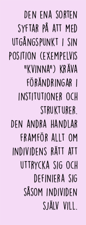 Citat ur texten: Den ena sorten syftar på att med utgångspunkt i sin position (exempelvis "kvinna") kräva förändringar i institutioner och strukturer. Den andra handlar framför allt om individens rätt att uttrycka sig och definiera sig såsom individen själv vill.