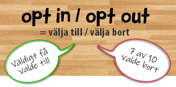 Träbakgrund med texten: opt in/opt out = välja till/välja bort, och sen två pratbubblor som pekar alternativen och på bubblorna står: Väldigt få valde till, respektive: 7 av 10 valde bort