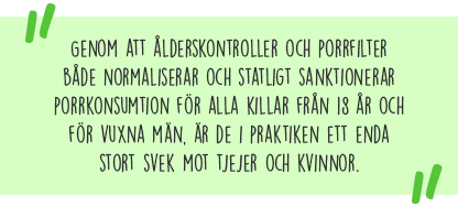 Citatruta med texten: Genom att ålderskontroller och porrfilter både normaliserar och statligt sanktionerar porrkonsumtion för alla killar från 18 år och för vuxna män, är de i praktiken ett enda stort svek mot tjejer och kvinnor.