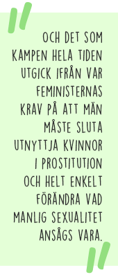 Citat: Och det som kampen hela tiden utgick ifrån var feministernas krav på att män måste sluta utnyttja kvinnor i prostitution och helt enkelt förändra vad manlig sexualitet ansågs vara.