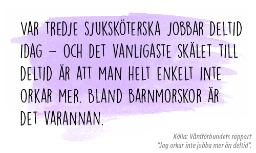 Citat mot turkos botten: Var tredje sjuksköterska jobbar deltid idag - och det vanligaste skälet till deltid är att man helt enkelt inte orkar mer. Bland barnmorskor är det varannan