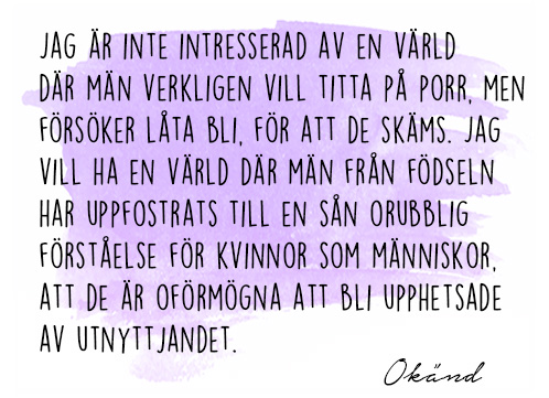 Citat mot turkos botten: Jag är inte intresserad av en värld där män verkligen vill titta på porr, men försöker låta bli, för att de skäms. Jag vill ha en värld där män från födseln har uppfostrats till ne sån orubblig förståelse för kvinnor som människor, att de är oförmögna att bli upphetsade av utnyttjandet. av okänd