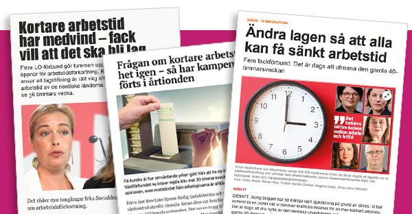 Collage av tidningsklipp där fack inom LO kräver lagstadgad arbetstidsförkortning