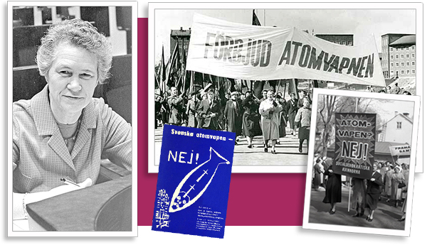 Collage av foton av Inga Thorsson, demonstrationståg med banderoll Förnjud atomvapen, annat demonstrationstårg samt blå broschyr från AMSA