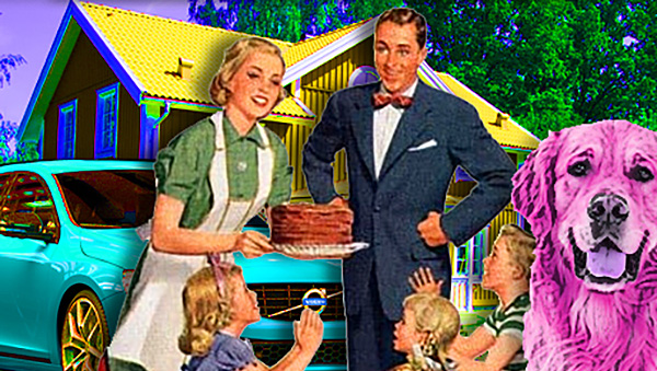Collage av happy familjy med bil, barn och villa plus rosa vovve