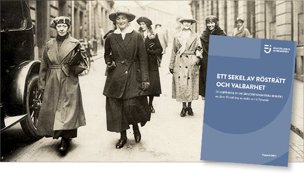 Foto av kvinnor som går på en gata i tidstypiska kläder 1920-tal, till höger omslaget till Jämys rapport