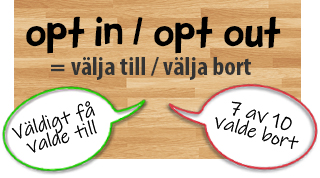Illustration av problemen: opt in = välja till - väldigt få valde till, opt out = välja bort - 7 av 10 valde bort