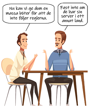 Illustration av två män där den enda säger: Nu kan vi ge dom en massa böter för att de inte följer reglerna. Den andre svarar: Fast inte om de har sin server i ett annat land.