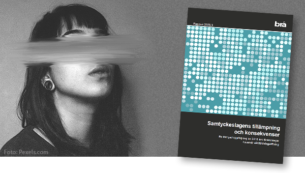 Delvis utsuddat svartvitt foto av kvinnas ansikte med Brå:s rapport bredvid